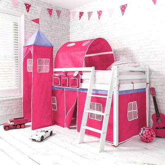 N&ouml;a & Nani Moro Cabin Bed Midsleeper with Pink Tent, Tower & Tunnel in White | Size: Single