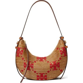 Tory Burch Romy T Monogram Straw Half Moon Shoulder Bag in Natural at Nordstrom