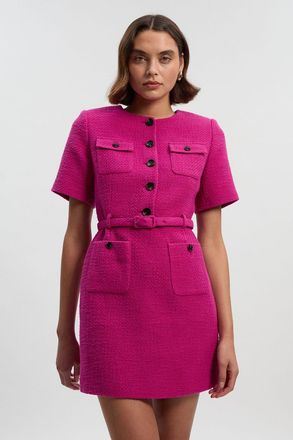 Karen Millen Womens Petite Textured Tweed Belted Tailored Mini Dress - Fuchsia Cotton - Size 12 UK