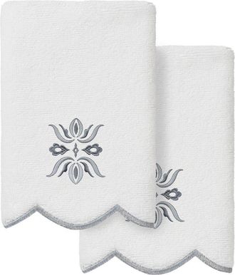 Linum Home Textiles 100% Turkish Cotton Flower Crest Scallop 2Pc Embellished Fingertip Towel Set