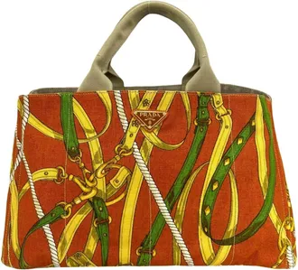 Prada Beige Orange Canvas Handbag Tote Bag (Pre-Owned)
