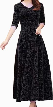 Generic Party Dresses for Older Ladies, Womens Velvet Midi Dress Long Sleeve V Neck Floral Jacquard Midi Dresses A-Line Evening Gowns Elegant Wedding Guest Br