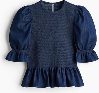 H&M Smocked Denim Blouse in Dark Denim Blue at Nordstrom, Size X-Small
