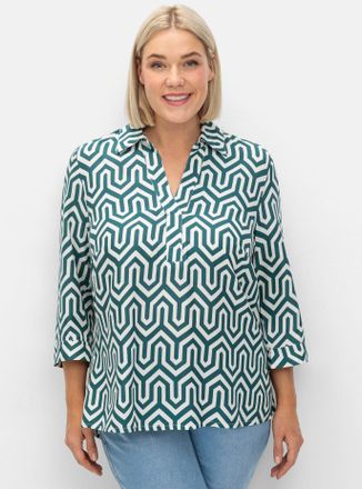 Sheego Longbluse SHEEGO, Damen, Gr. 40, blau (petrol, gemustert), 100% Viskose, bedruckt, gemustert, mehrfarbig, V-Ausschnitt, Blusen Longbluse