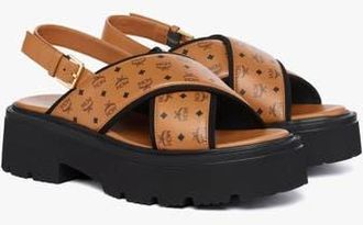 MCM Monogram Platform Sandals in Lambskin in Cognac at Nordstrom, Size 39