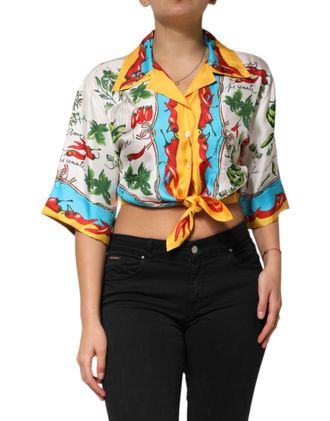 Dolce & Gabbana Womens Multicolor Chili Silk Cropped Blouse Top