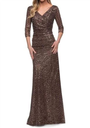 La Femme Ruched Sequin Gown In Bronze