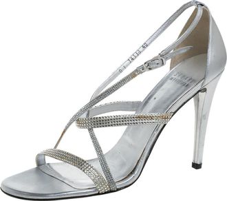Stuart Weitzman Silver Leather Crystal Embellished Strappy Sandals
