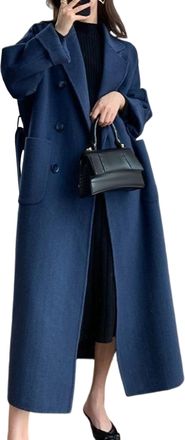 Generic Womens Double Breasted Maxi Wrap Coat Elegant Overcoat Lapel Collar Regular Coats with Belt Navy Blue X-Large