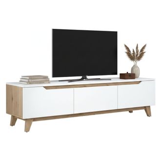 Dmora Dmora - Mueble De Televisi&oacute;n Cor, Aparador De Sal&oacute;n, Mueble Bajo Para Tv, Base De Pared Equipada, 180x35h49 Cm, Blanco Y Nogal, Con Embalaje Reforzado