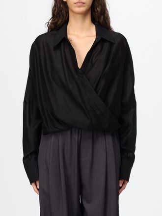 Eleh Relaxed Fit V-Neck Cr&ecirc;pe Blouse with Long Sleeves and a Classic Collar