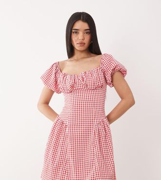 KAIIA Esclusiva Kaiia - Vestito corto stile milkmaid rosso a quadretti in cotone con maniche a sbuffo raccolto sui fianchi