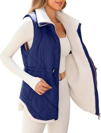 Generic Cocila Womens Fleece Gilets Full Zip Up Smocked Waist Padded Sleeveless Jacket Winter Thermal Quilted Bodywarmers Vest Casual Long Waitcoats with Pock