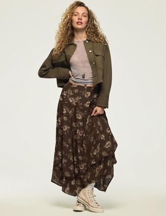 Lucky Brand Womens Floral Drop Waist Midi Skirt
