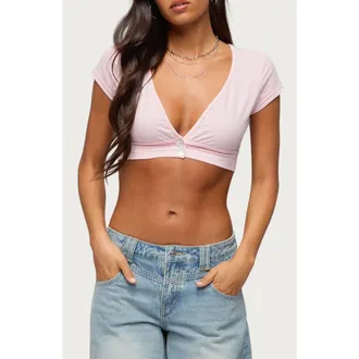 Edikted Cecey V-Neck Button Crop Top in Pink at Nordstrom, Size X-Small