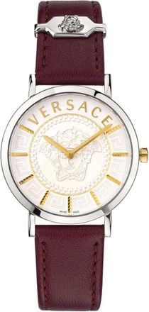Versace Essential Rood/Zilver Leren Horloge - Dames - Horloges - Grijs - ONE Size - Accessoires