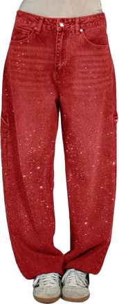 Generic Womens Rhinestone Jeans Wide Leg Denim Pants Mid Waist Sparkle Shiny Sequin Glitter Trouser