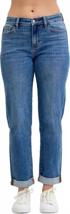 Judy Blue Boyfriend Classic Cuffed Mid Rise Jean In Medium Denim