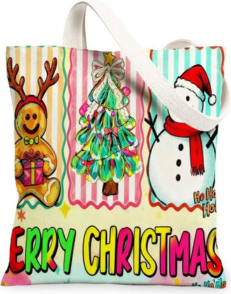 Generic Christmas Canvas Tote Bags, Festive Pattern Reusable Grocery Bags, Winter Joyful Lightweight Washable Shoulder Strap for Ou, Multicolor, 13x15 Inch