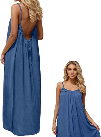 Generic Womens Solid Color Backless Cami Dress, Open Back House Lounge Dress with Back Tie for Summer House Beach (Navy,S)