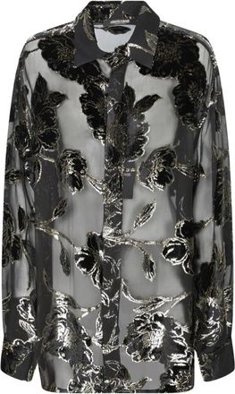 Roberto Cavalli Doorzichtbaar Shirt met Bloemendessin - Dames - Overhemden - Zwart - XL - Polyester - Overhemden