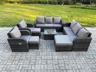 Fimous High Back Rattan Garden Furniture Set with Square Coffee Table 3 Footstools Indoor Outdoor Patio Lounge Sofa Set Dark Grey Mixed