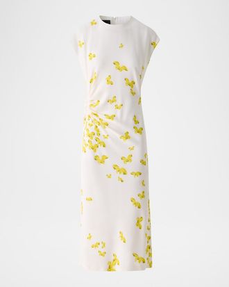 Akris Butterfly-Print Viscose Crepon Ruched Midi Dress With Scarf
