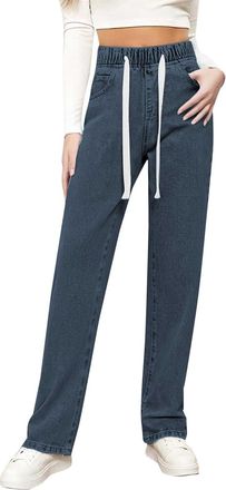 Generic Stretch Jeans for Women, Womens Wide Leg Jeans UK Drawstring Elasticated Waist Denim Pants Straight Tube Loose Fit Stretchy Dress Jean Baggy Pull On T