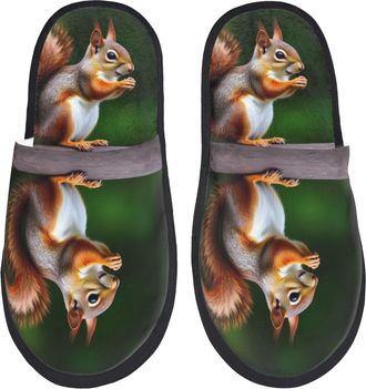 Generic Slipper Squirrels Eating Peanut On The Tree Portable Cotton Slippers Warm Anti-Slide Slipper For Home Hotel Travel L