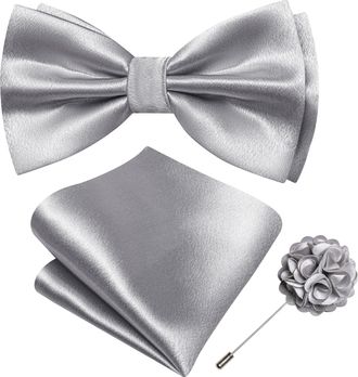 Barry.Wang Bow Tie for Men Solid Color Pre-tied Bowtie Pocket Square Lapel Pin Set Adjustable Formal Tuxedo Bowtie Party, Silver, One Size