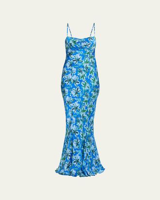 Saloni Renee Long Floral Silk Spaghetti-Strap Dress