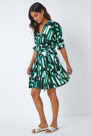 Roman Belted Frill Hem Geometric Print Dress