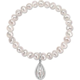 Delmar Sterling Silver 7-7.5mm White Freshwater Cultured Pearl Charm Bracelet at Nordstrom Rack