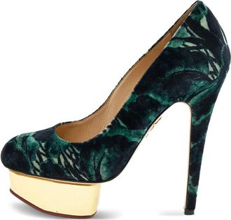 Charlotte Olympia 140mm Dolly plush floral-print platform pumps - Green