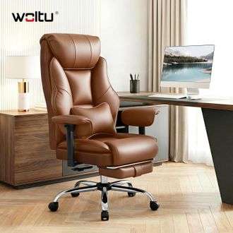 Woltu Woltu Silla De Oficina Con Reposacabezas, Coj&iacute;n Lumbar, Reposapi&eacute;s Retr&aacute;ctil, Reposabrazos Ajustables De Pu Y Respaldo Reclinable Hasta 135&deg;, Marr&oacute;n