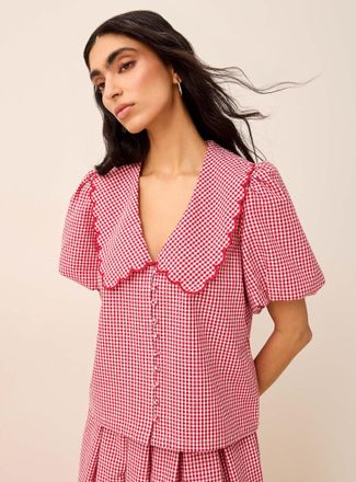 Icone Womens Peter Pan collar balloon-sleeve seersucker blouse