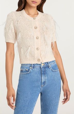 Cinq &agrave; Sept Coralie Embellished Short Sleeve Cardigan in Natural/Sequin at Nordstrom, Size Xx-Small