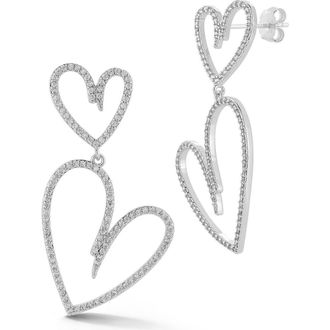 Chloe and Madison Double Heart Cubic Zirconia Pav&eacute; Drop Earrings in Silver at Nordstrom Rack