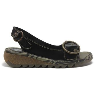 FLY London TRAM723FLY Leather Womens Wedge Sole Sandals - Black - Size:UK 4