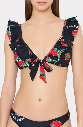 Milly Pomodoro Ruffle Bikini Top in Black/Red at Nordstrom, Size X-Small