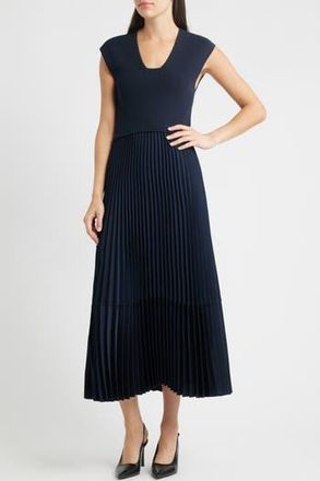 BOSS Flissani Pleated Mixed Media A-Line Dress in Sky Captain at Nordstrom Rack, Size X-Large