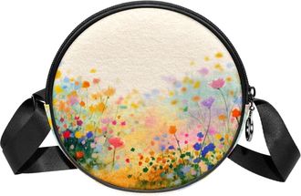 Generic Circle Crossbody Bag for Women, Watercolor Wildflowers Small Sling Bag Daypack with Zipper Adjustable Shoulder Straps Casual Ladies Girls Round Purse
