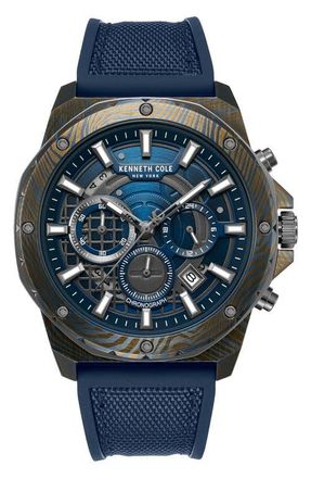 Kenneth Cole The Hollis Blue Chronograph Silicone & Nylon Strap Watch, 45mm in Navy /Blue Dark at Nordstrom