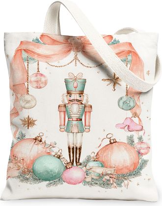 Generic Nutcracker Canvas Tote Bags, Holiday Vintage Print Reusable Grocery Bags, Winter Lightweight Washable Shoulder Strap Canvas, White, 13x15 Inch