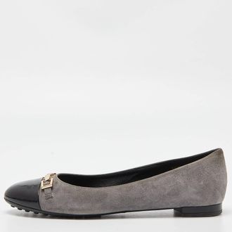 Tod's Tods Grey/black Suede And Patent Leather Buckle Detail Ballet Flats