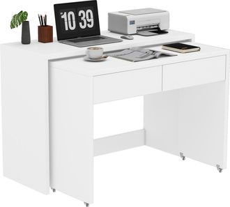 STILVORA Escritorio Plegable Con 2 Cajones Y Ruedas Con Freno, En Tablero De Part&iacute;culas, 110&times;40&times;78 Cm, Blanco