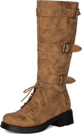 Generic Womens Knee High Lace Up Boots Multiple Buckle Straps Round Toe Chunky Block Heels PU Leather Comfortable Non Slip Fall Winter Party,Yellow,5.5 UK