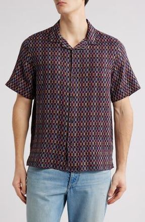 Wax London Didicot Mini Check Cotton Camp Shirt in Navy /Multi at Nordstrom Rack, Size X-Large