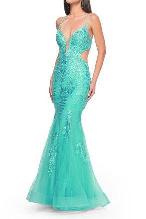 La Femme Lace and Tulle Mermaid Gown with Side Cut Outs in Aqua at Nordstrom, Size 10