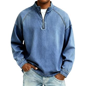 Generic Mens Workout Sweatshirts Vintage Long Sleeve Quarter Zip Washed Streetwear Hippie Pullover Tops Lightweight Casual Loose Fit Mock Neck Autumn Athletic
